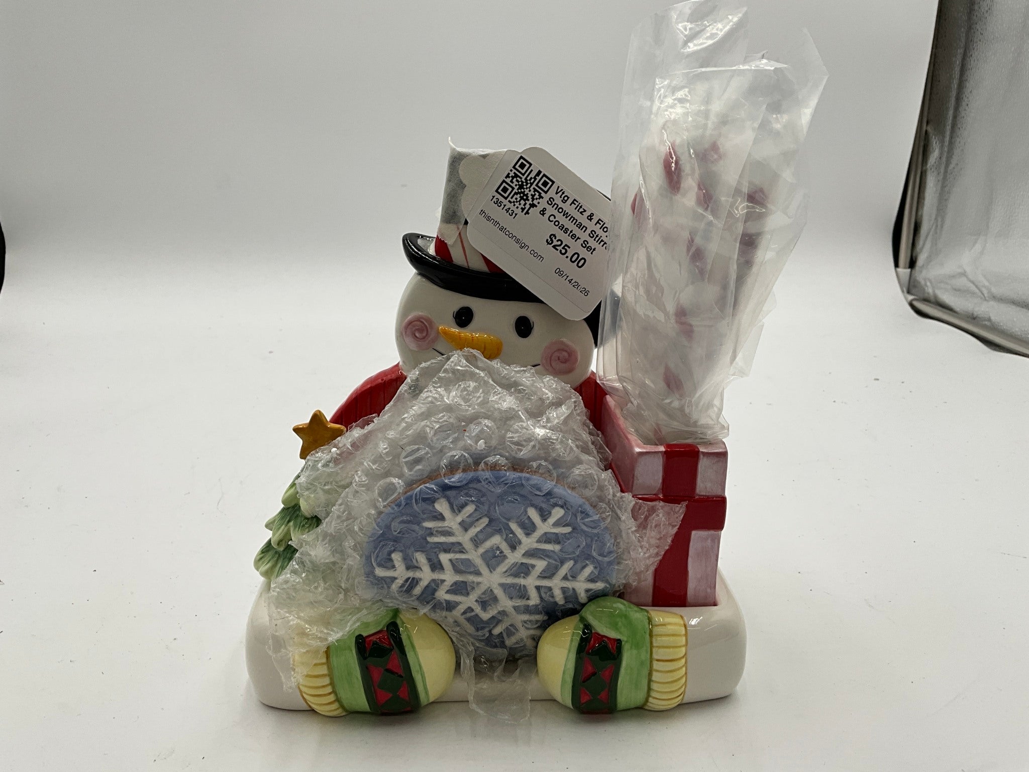 Vtg Fitz & Floyd Snowman Stirrer & Coaster Set
